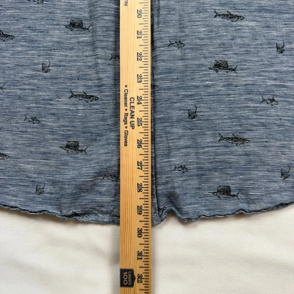 Banana Republic Mens XL Slim Fit Linen‎ Cotton Shark Sailfish Print Shirt Blue